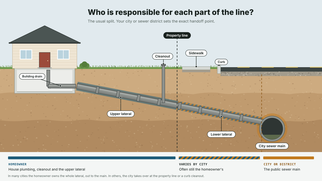 An image showing who is responsible for each part of the line. Building drain, upper lateral, lower leteral, city sewer main. 