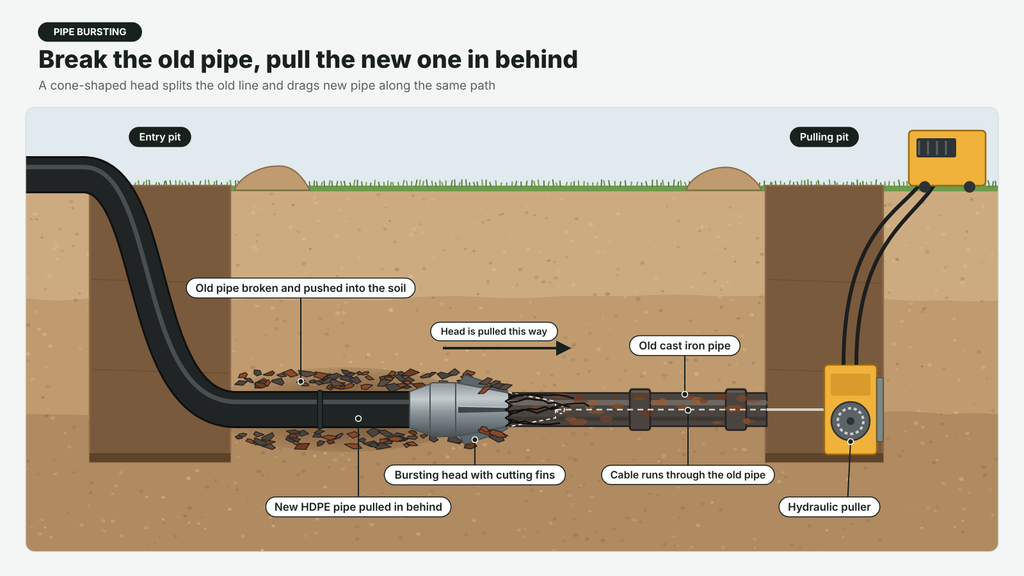 Pipe bursting: Break the old pipe, pull the new one in behind.