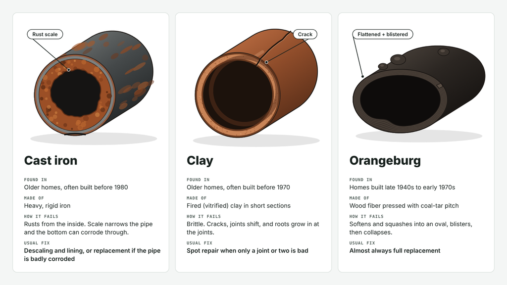 An image showing three types of pipes: Cast iron, Clay, and Orangeburg.