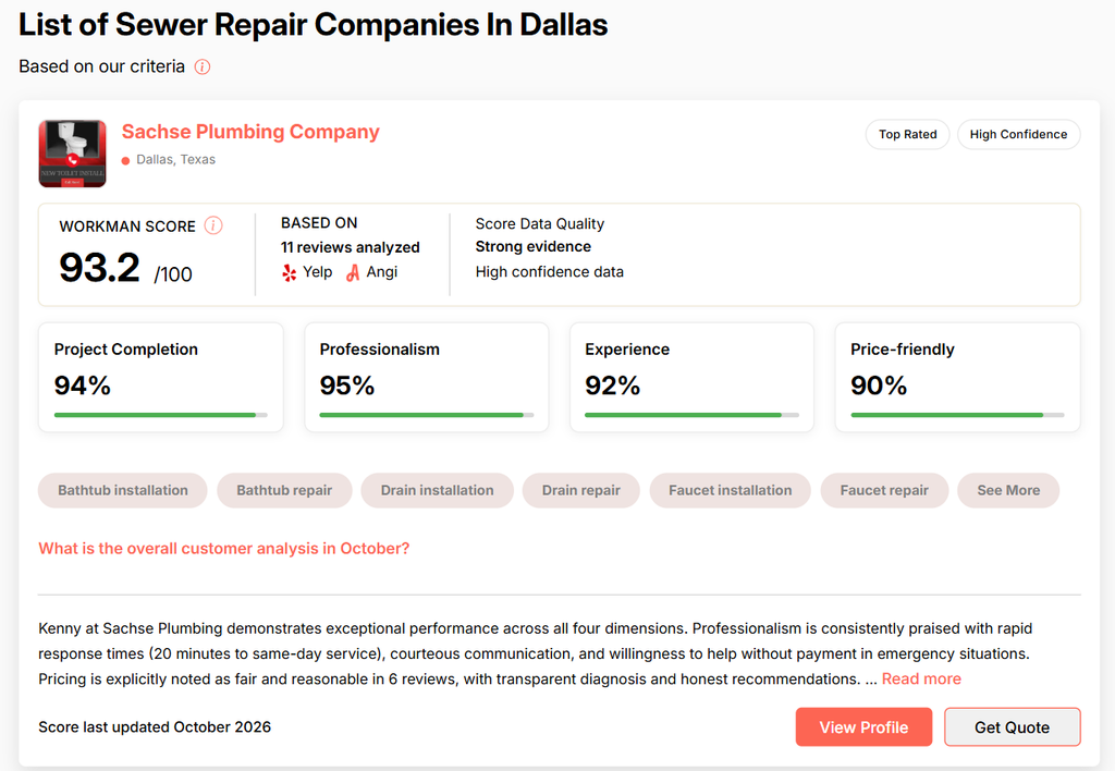 A live Wise Workman listing. Every company carries a WW Score out of 100, built from license status, insurance, service history signals and review authenticity across the major review platforms, with sub-scores for project completion, professionalism, experience and price. Screenshot taken October 2026.